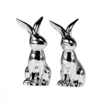 Article Lapin de Pâques décoratif en céramique Lapin décoratif assis Argent 18 cm 2 pièces