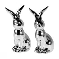 Article Lapin de Pâques décoratif en céramique Lapin décoratif assis Argent 18 cm 2 pièces
