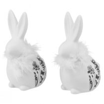 Article Lapin en Céramique Blanc Fleurs Assis Plumes 9×7×14cm 2pcs