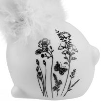 Article Lapin en Céramique Blanc Fleurs Assis Plumes 9×7×14cm 2pcs