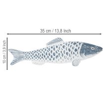 Article Poisson en bois bleu et blanc, décoration de poisson, apprêt de bois, 35 cm, 1 pièce