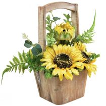 Article Composition de fleurs artificielles tournesol dans un pot en bois H31cm