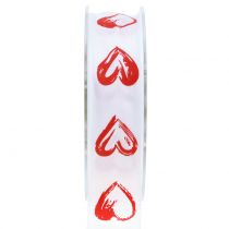 Ruban déco blanc avec coeurs rouges 25mm 15m