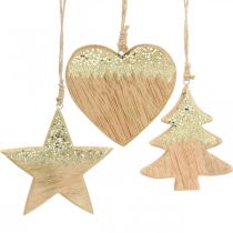 Décoration de Noël étoile / coeur / arbre, pendentif en bois, décoration de l&#39;avent H10 / 12.5cm 3pcs
