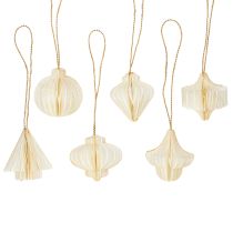 Article Décorations de sapin de Noël en papier alvéolé, blanc et doré, 4 cm, lot de 6