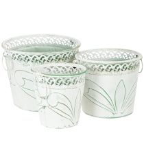 Article Pot de fleurs en métal gaufré avec poignées, blanc et vert, style shabby chic, H 22/19,5/17,5 cm, Ø 25,5/20,5/15,5 cm, lot de 3