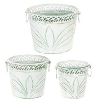 Article Pot de fleurs en métal gaufré avec poignées, blanc et vert, style shabby chic, H 22/19,5/17,5 cm, Ø 25,5/20,5/15,5 cm, lot de 3