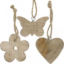 Pendentif en bois, coeur papillon fleur, décoration printanière naturel H5.5/4cm 12 pièces