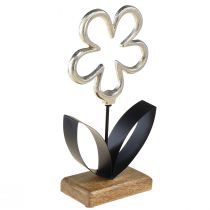 Décoration métal fleur argenté socle bois noir 15x29cm