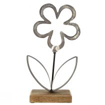 Article Décoration Métal Fleur Argent Base Bois Noir 15×30cm