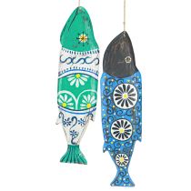 Article Décoration en bois poisson coloré à suspendre bleu et vert 38cm 2 pièces