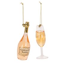 Article Ensemble de décorations pour sapin de Noël, verre et bouteille de champagne, décoration de Noël, 14 cm, 2 pièces