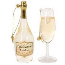 Article Ensemble pendentif bouteille et verre à champagne, décoration de sapin de Noël, 14 cm, 2 pièces
