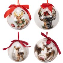 Article Boule de Noël avec motif de cerf et ruban pour la suspendre, 7 cm, lot de 4
