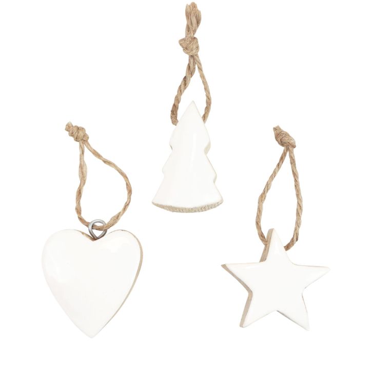 Article Décorations pour sapin de Noël mélange de bois coeur étoile sapin de Noël blanc, naturel 5cm 27 pcs