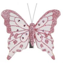 Article Papillons décoratifs en plumes rose pailleté 7,5x7cm 4 pcs