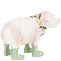 Article Cochon décoratif avec bottes en caoutchouc – Figurine de ferme amusante avec couronne de fleurs 15,5 cm