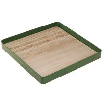 Article Plateau décoratif carré en métal vert avec base en bois 25,5×25,5cm