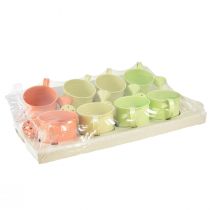 Article Ensemble d'arrosoirs décoratifs aux tons pastel saumon, vert et jaune-vert - pot en métal Ø11 cm H10 cm, 8 pièces