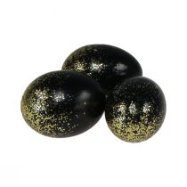 Article Oeufs de Pâques décoratifs véritable œuf de poule noir avec paillettes dorées H5,5–6 cm 10 pièces