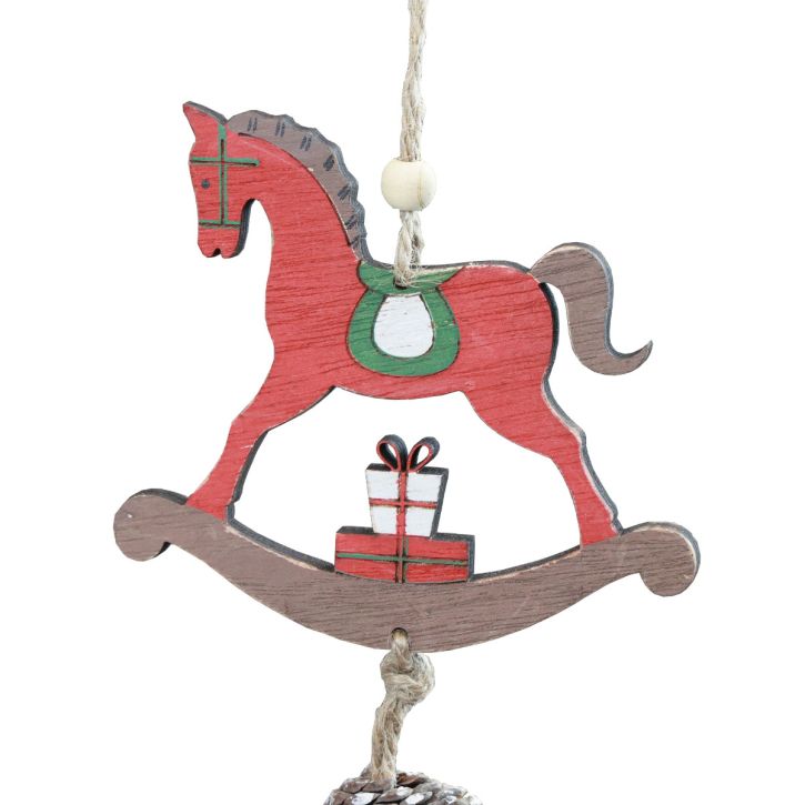 Article Décoration à suspendre en bois Cheval à bascule rouge avec pommes de pin et cœurs, 37 cm, lot de 2