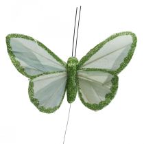 Papillons déco papillons plumes vertes sur fil 10cm 12pcs