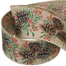 Article Ruban décoratif Cônes de Noël large ruban cadeau naturel 60mm 10m