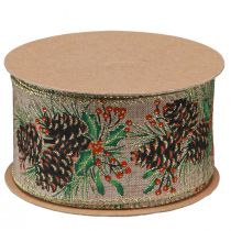 Article Ruban décoratif Cônes de Noël large ruban cadeau naturel 60mm 10m