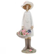 Article Figurines décoratives jardinière décoration femme avec fleurs blanc rose H21cm