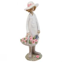 Article Figurines décoratives jardinière décoration femme avec fleurs blanc rose H21cm