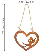 Article Ornements décoratifs suspendus en métal, finition rouillée, motif ange en forme de cœur, Ø15 cm, lot de 6