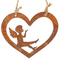Article Ornements décoratifs suspendus en métal, finition rouillée, motif ange en forme de cœur, Ø15 cm, lot de 6