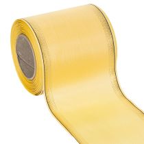 Article Ruban décoratif moiré jaune à bordure dorée, largeur 100 mm, longueur 25 m, pour la confection de couronnes, idéal pour l'art floral et la décoration.