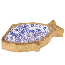 Article Bol décoratif en bois décor poisson naturel bleu blanc 18×11×3cm