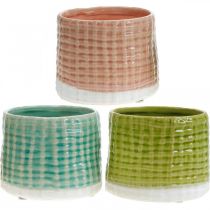 Pots décoratifs motif panier, jardinière, jardinière en céramique menthe/vert/rose Ø13cm 3pcs