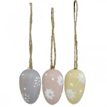 Article Mini oeufs de Pâques, oeufs en bois avec fleurs, décoration de Pâques violet, rose, jaune H3,5cm 6pcs