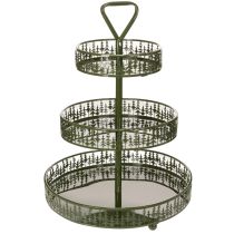 Article Présentoir à étages en métal vert, trois niveaux, décor sapin, rond, 49 cm