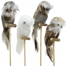 Bouchon fleur déco hibou avec plumes blanc, marron H15cm 4pcs