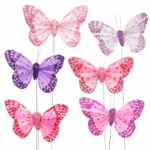 Papillon plume sur fil rose, violet 7cm 24pcs