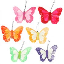 Papillons en plumes sur clip multicolore 7cm 12pcs