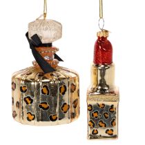 Article Décoration de sapin de Noël : flacon de parfum et rouge à lèvres à motif léopard, 11 cm, lot de 2