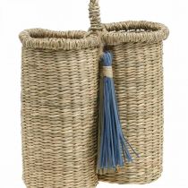 Porte-bouteille en jonc de mer, panier à bouteille tressé, décoration balcon, panier déco pour suspendre nature, bleu H20cm L22cm