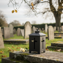 Article Lanterne funéraire croix fenêtre métal gris antique 13 x 27 cm