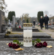 Article Bougie funéraire roses blanches or lumière de deuil Ø7cm H18cm 77h