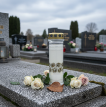 Article Bougie funéraire roses blanches or lumière de deuil Ø7cm 23,5cm 100h 2pcs