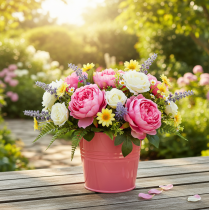 Article Pot de fleurs en métal rose avec poignée, 20 x 17,5 x 16 cm, lot de 2