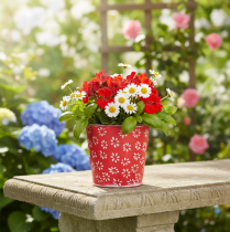 Article Petit pot de fleurs rouge et blanc, motif floral, en métal, Ø 10,5 cm x H 10,5 cm