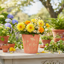 Article Pot de fleurs à décor floral, jaune abricot, Ø 10,5 cm H 10,5 cm