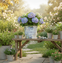 Article Petit pot de fleurs/jardinière en métal pour hortensia, Ø 17,5 cm H 16 cm