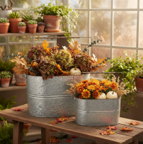 Article Pot de fleurs avec anse, pot en métal, jardinière, argenté, marron, H 22/20 cm L 42/40 cm, lot de 2